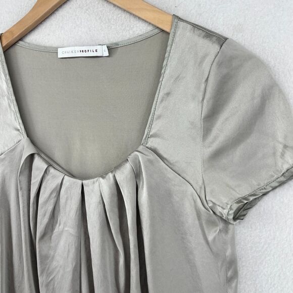 CHAIKEN PROFILE Top 0 XS Stretch Silk Satin Pleated Cap Sleeve Gray Silver USA - Picture 5 of 14